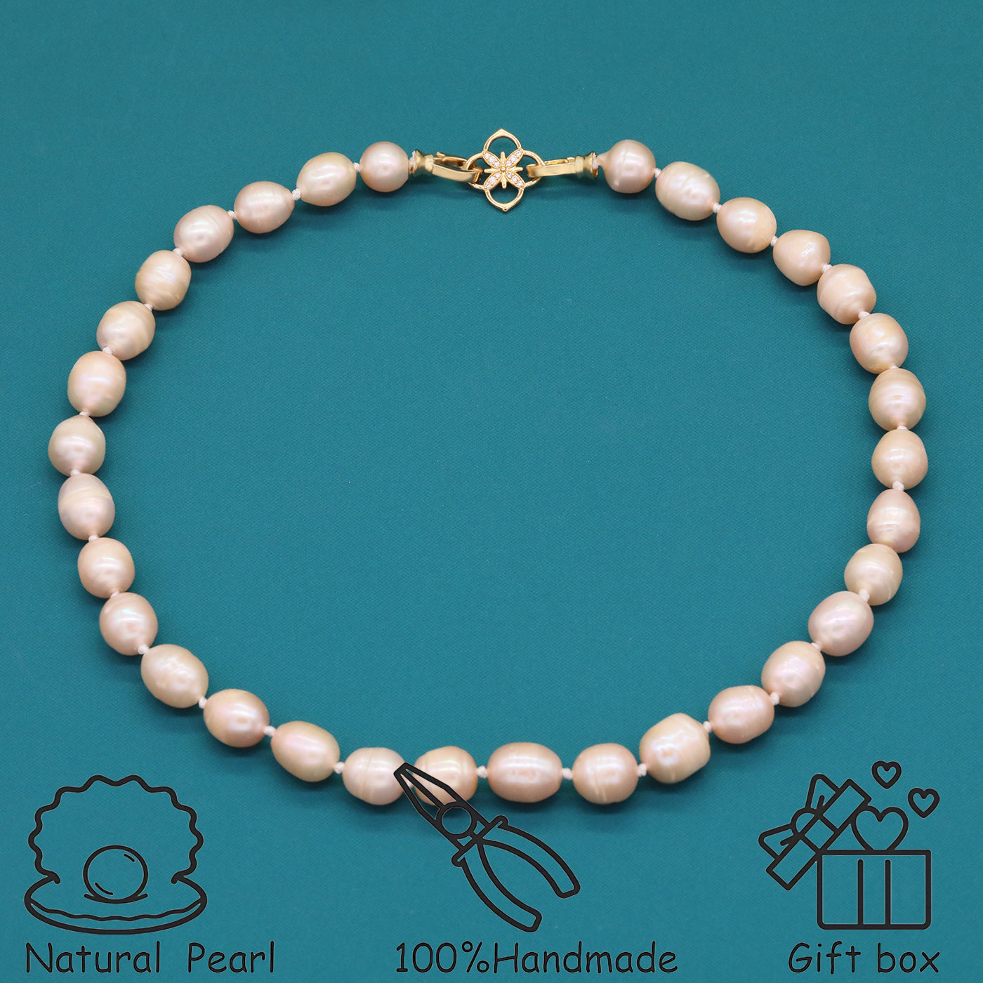 A beautiful 100% handmade, freshwater pearl necklace with golden flower buckle, 10mm, perfect for bridal jewelry, Mother's Day, birthday gifts, parties, giving the perfect ideal gift choice