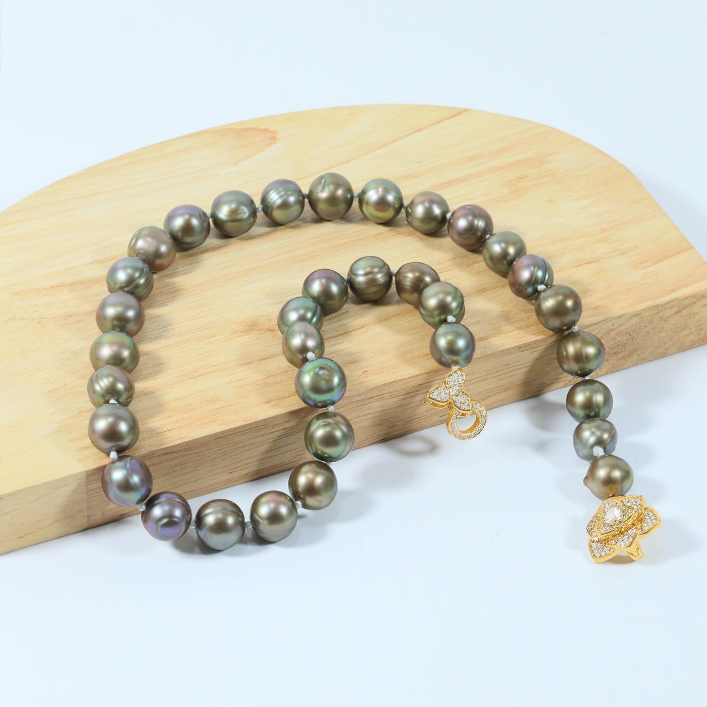 Authentic 10-11mm Brown Freshwater Pearl necklace 100% handmade 17.7inch long round freshwater Pearl necklace with diamond set gold flower buckle elegant Christmas, Valentine's Day gift
