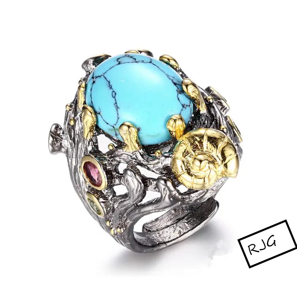 NEW Designer Western Ring Turquoise-peridot-pink tourmaline stones in 925 pure silver
