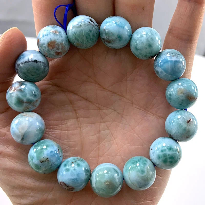 Natural Larimar Stone Beads Women Men Bracelet Round Blue