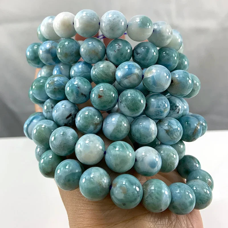 Natural Larimar Stone Beads Women Men Bracelet Round Blue