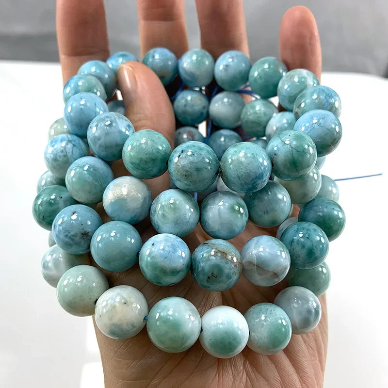 Natural Larimar Stone Beads Women Men Bracelet Round Blue