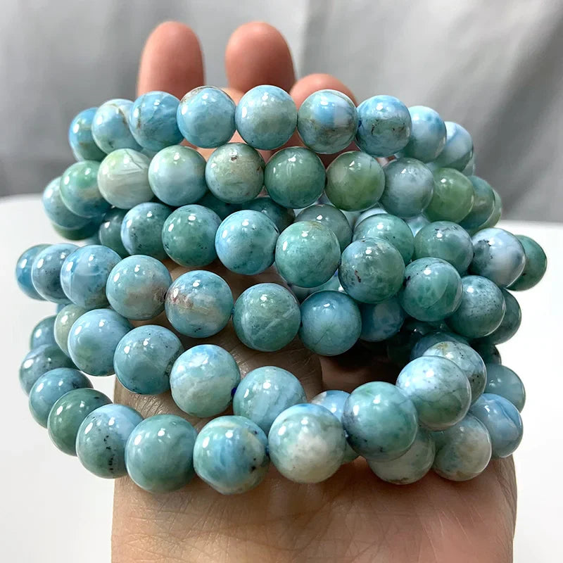 Natural Larimar Stone Beads Women Men Bracelet Round Blue