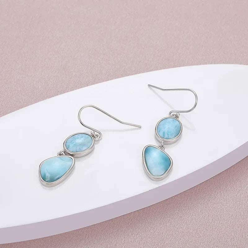 Natural Precious Larimar Earrings for Women 2021 New Simple Fashion Geometric Charm 925 Sterling Silver Jewelry Gift Classic