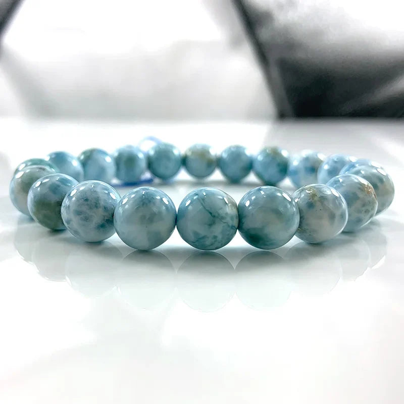 Natural Larimar Stone Beads Women Men Bracelet Round Blue