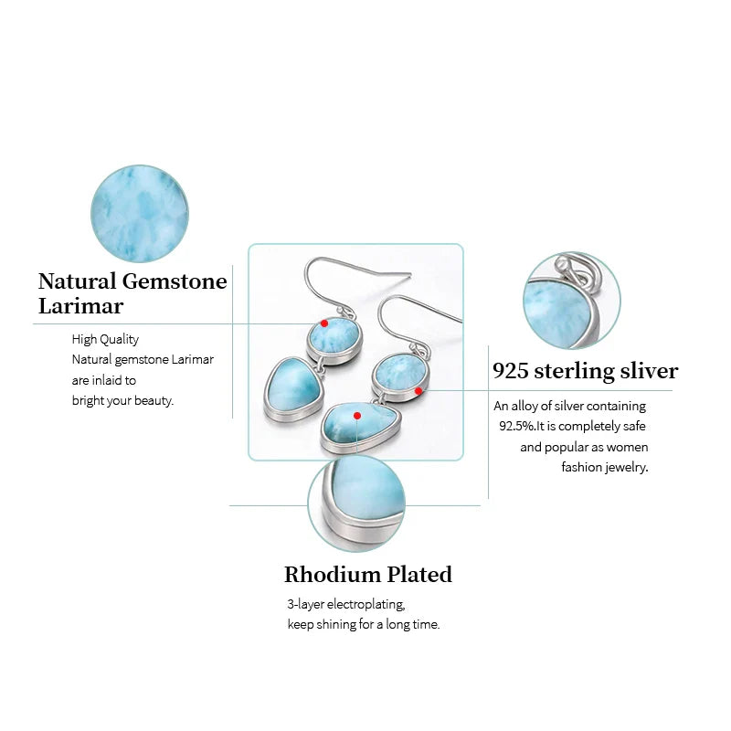 Natural Precious Larimar Earrings for Women 2021 New Simple Fashion Geometric Charm 925 Sterling Silver Jewelry Gift Classic