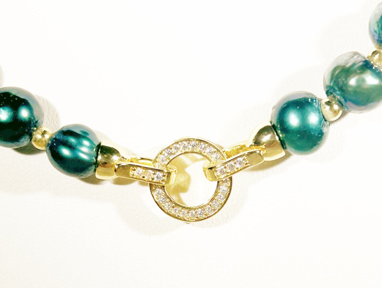 Blue 8mm 18 inch AA freshwater pearl necklace w/ gold spacers and Rhinestone clasp