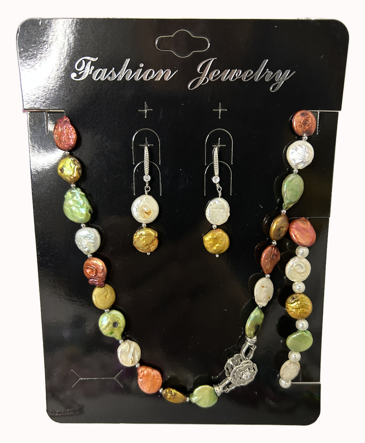 Closeout Handcrafted Multicolor Coin Pearl Necklace, Bracelet, and Earring Set