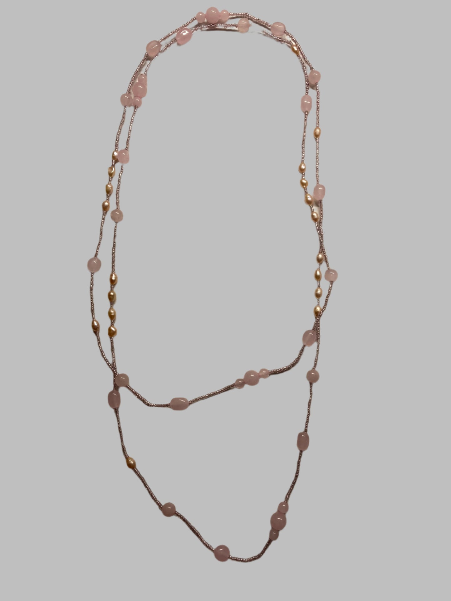 XL-2412PINK-03 ROSE QUARTDZ PINK FRESHWATER PEARL LONG NECKLACE