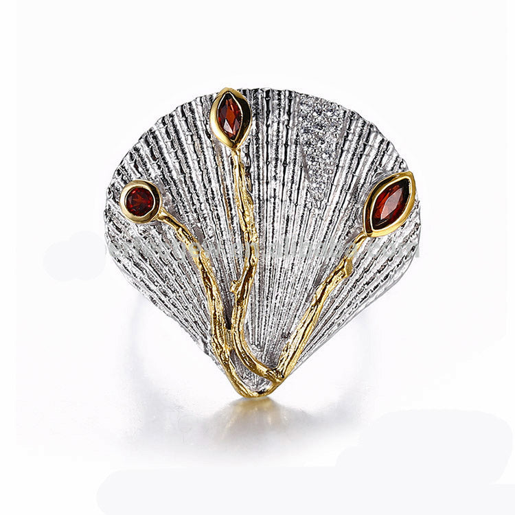 Designer Sterling Silver Clam Shell Ring with Garnet and Zirconium Stones. - Providence silver gold jewelry usa