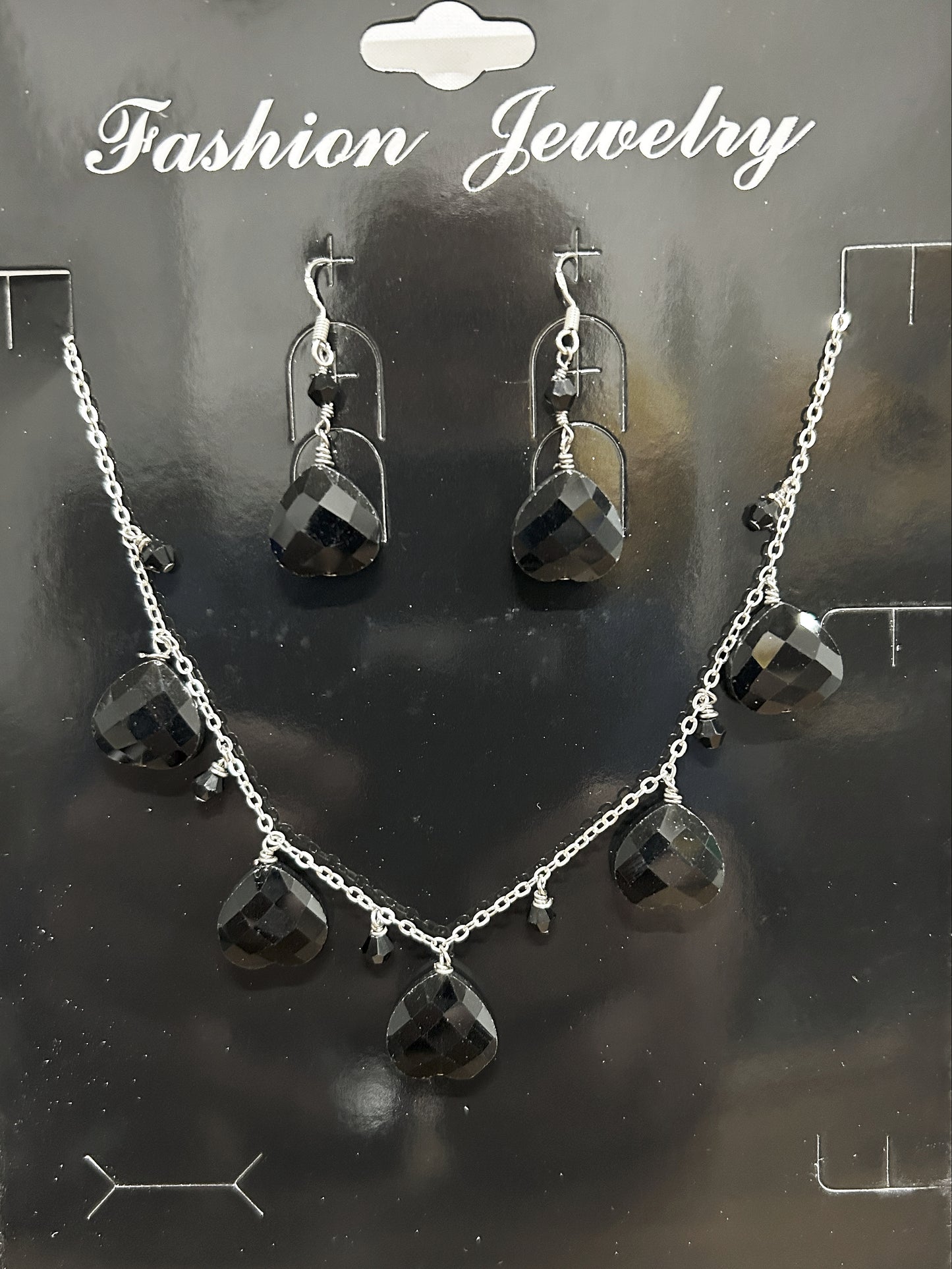 2503black-02 set Silver Necklace set with 925 earwires and Fauceted austrian crystal hearts