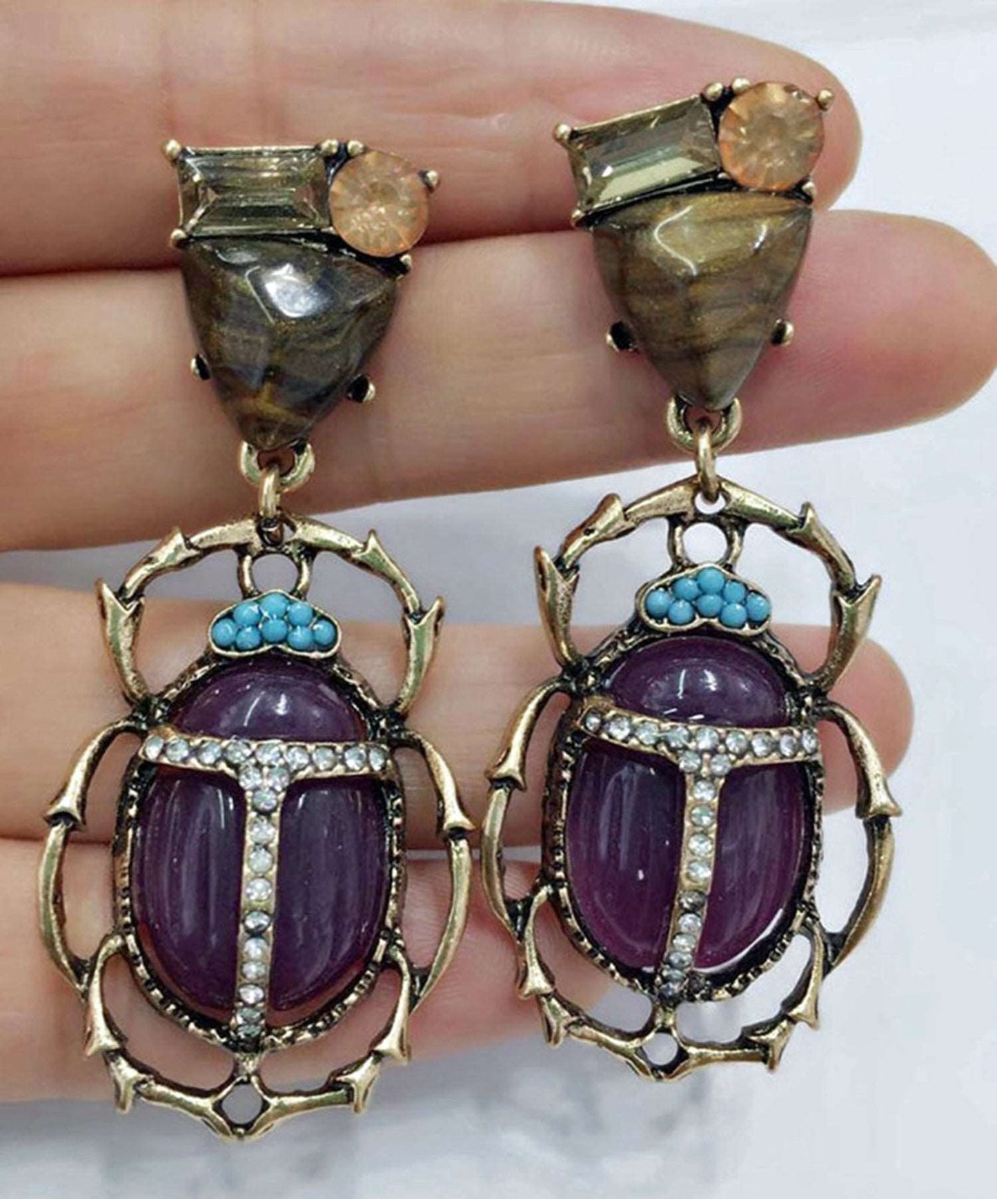 Fashion Beatle earring with colorful stones in Antique Gold finish - Providence silver gold jewelry usa