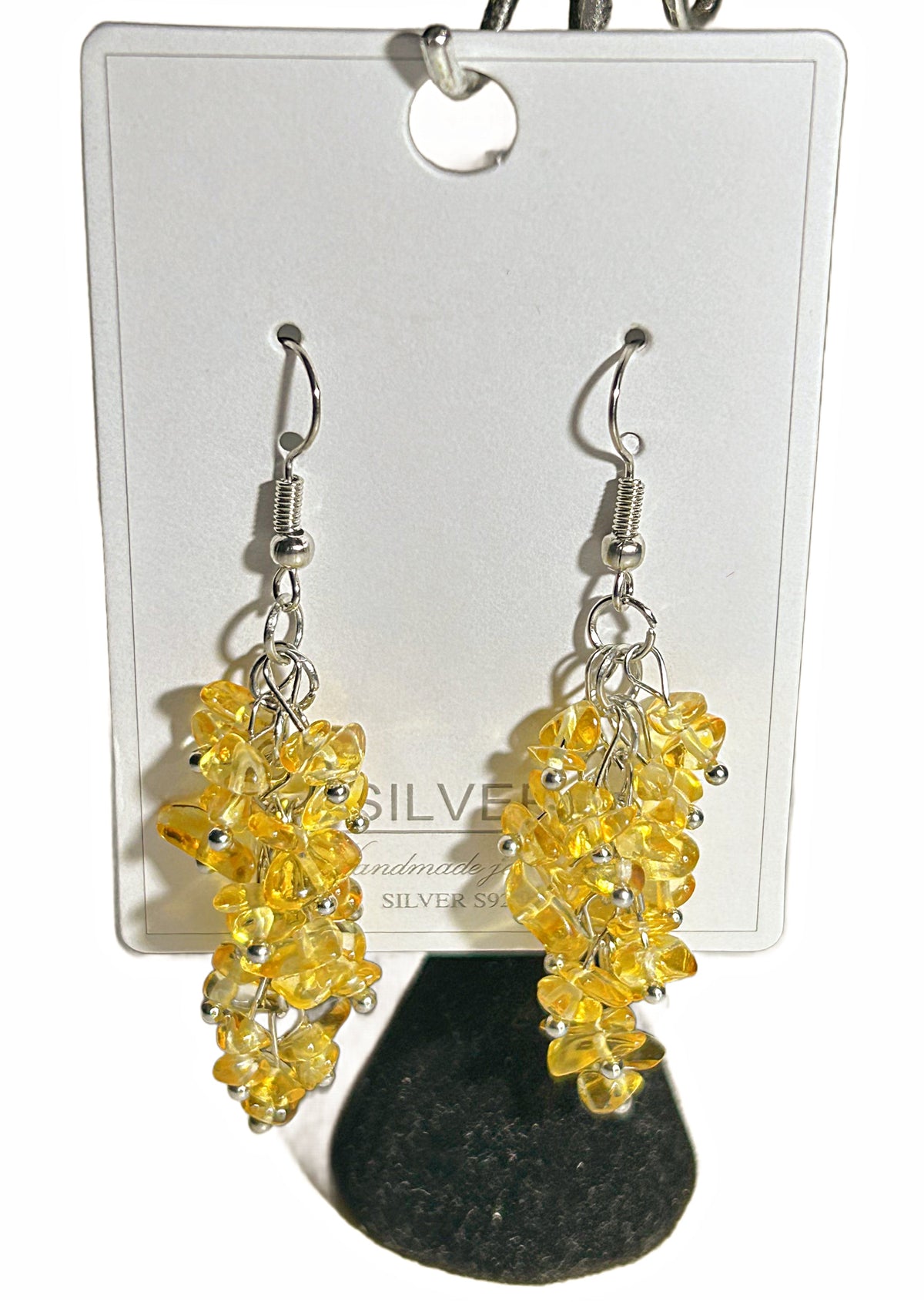 Yellow citrine chip dangle earrings with sterling silver findings, front hanging view