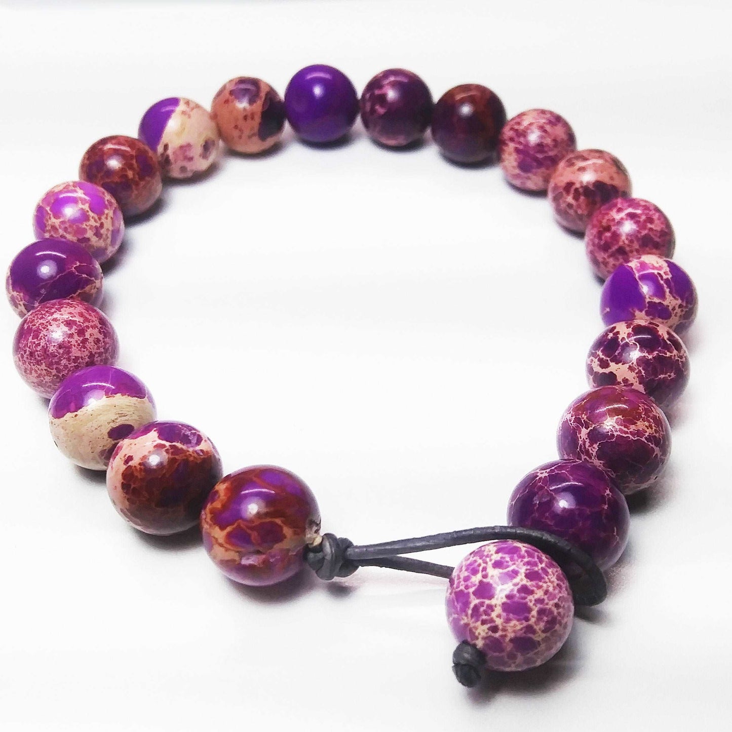 Unisex leather imperial purple jasper 10 mm bracelet - Providence silver gold jewelry usa