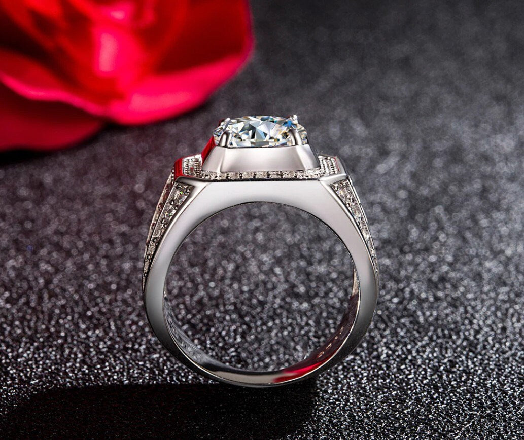 Mens sterling silver ring with AAAA grade cubic zirconia stones hand set - Providence silver gold jewelry usa