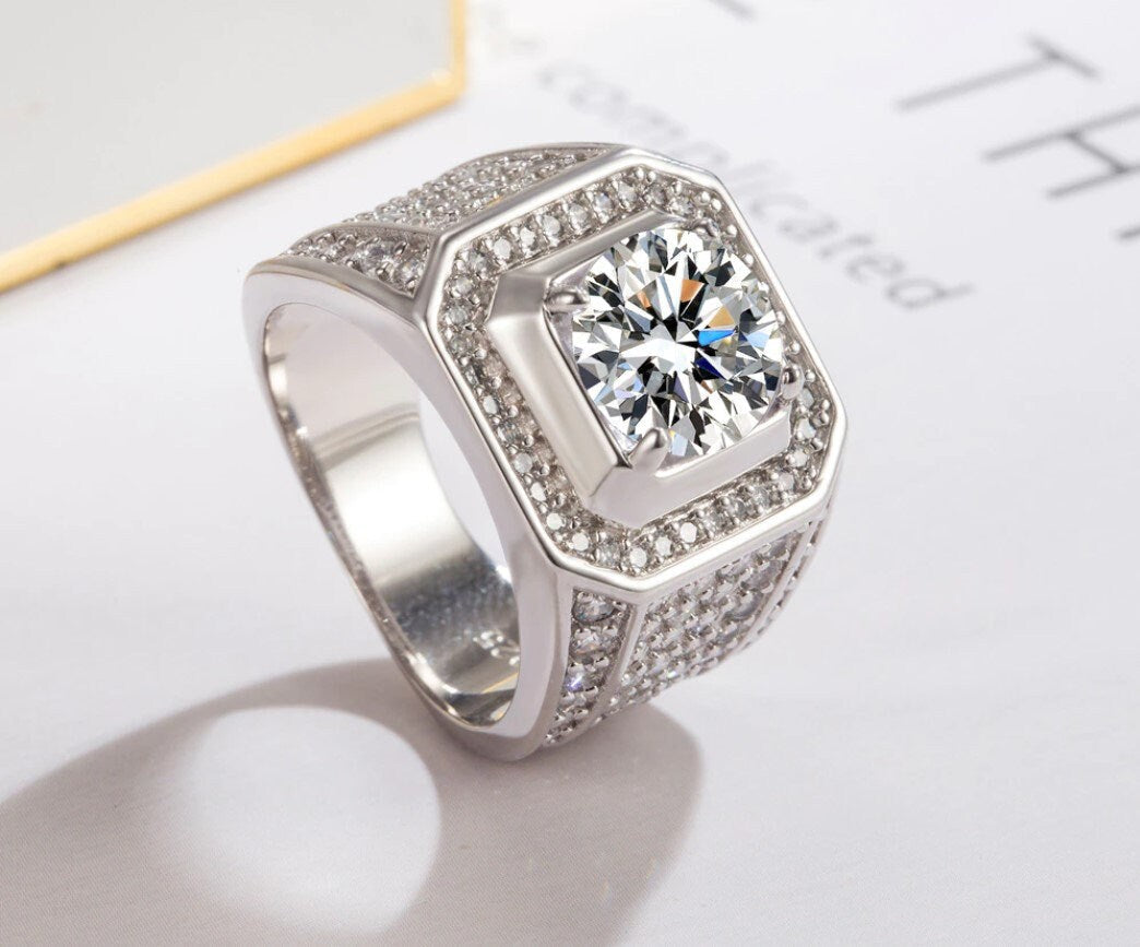 Mens sterling silver ring with AAAA grade cubic zirconia stones hand set - Providence silver gold jewelry usa