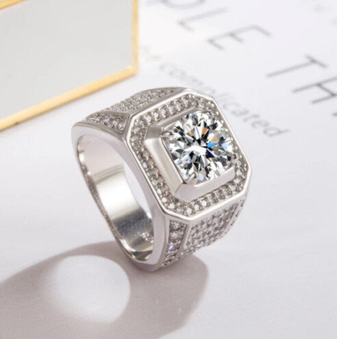 Mens sterling silver ring with AAAA grade cubic zirconia stones hand set - Providence silver gold jewelry usa