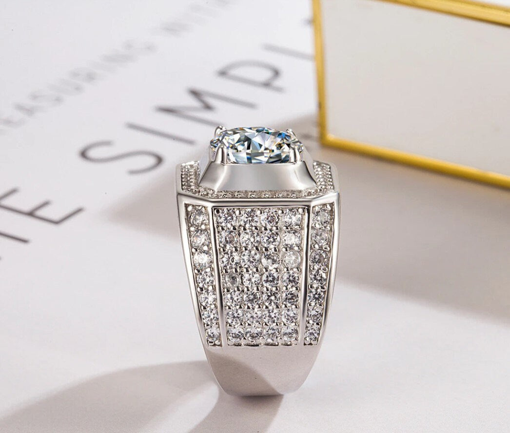Mens sterling silver ring with AAAA grade cubic zirconia stones hand set - Providence silver gold jewelry usa