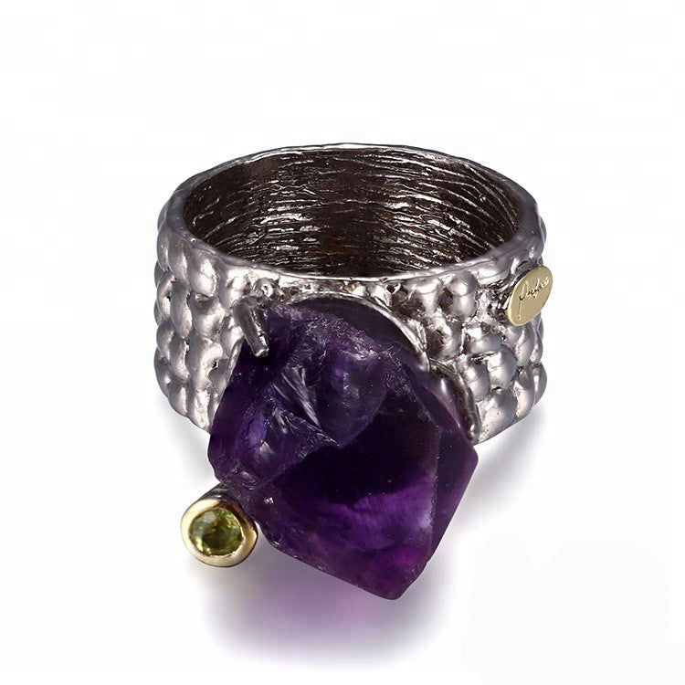 Rough genuine Amethyst stone set in handmade Sterling silver Ring