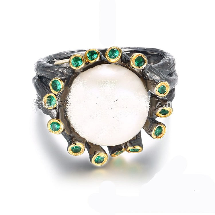 Pearl dome .925 silver ring with Spinel accent stones