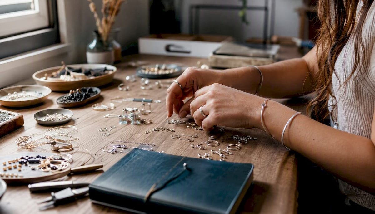 Hands inspecting multiple small jewelry pieces on table