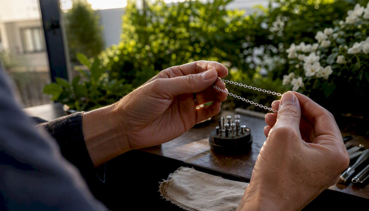 Jeweler holding sterling silver chain close-up