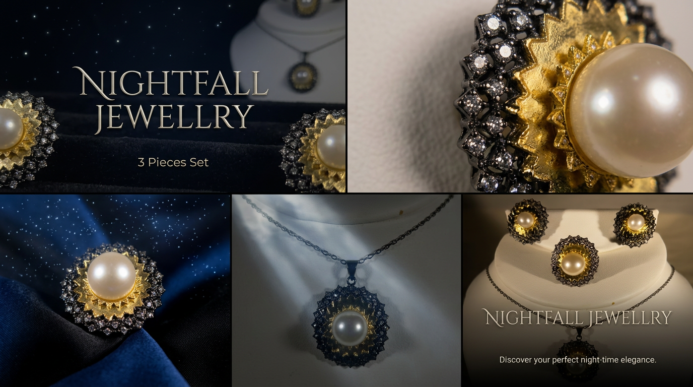 Collage of Nightfall Jewellery pieces including earrings and a necklace on a white background.