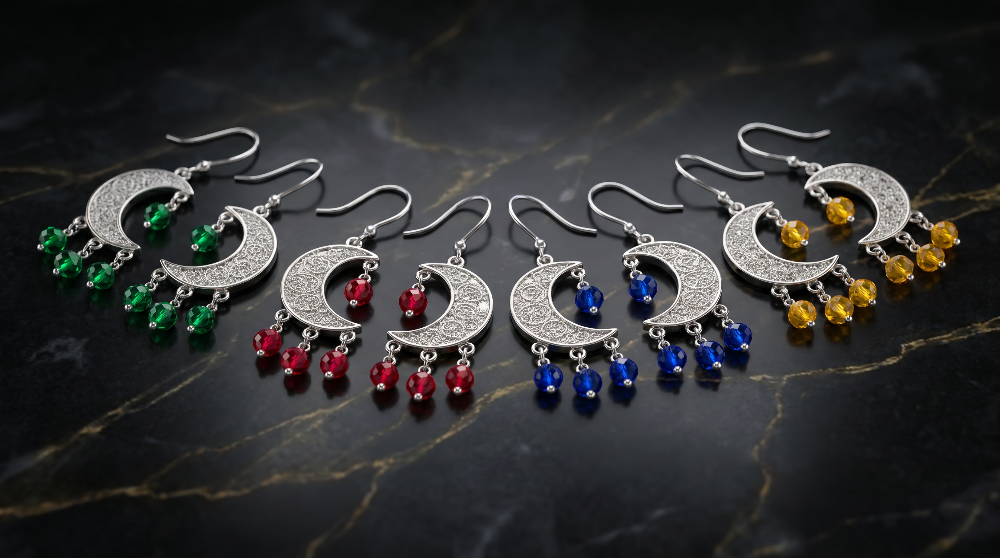 sterling silver 1/2 moon filigree earring with real rubies, emeralds, and sapphire beads