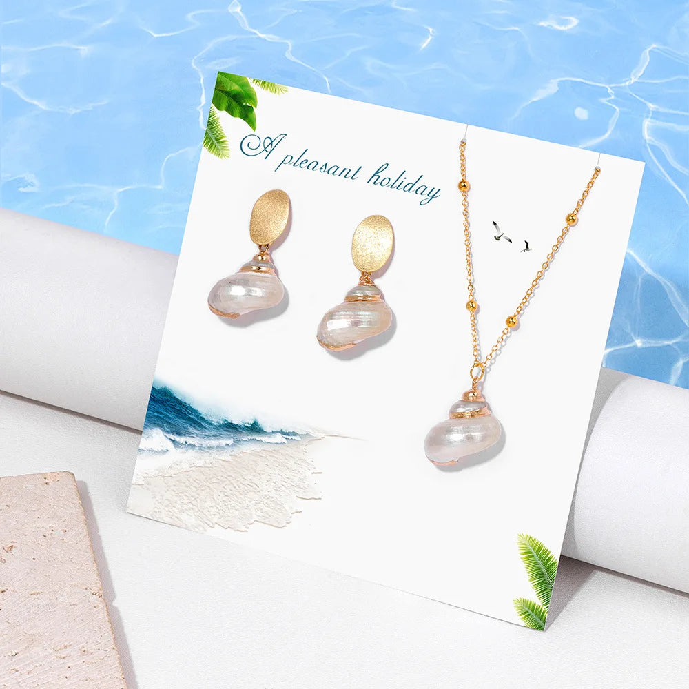 **Boho Ocean Theme Jewelry Set – Natural Seashell Pendant Necklace &amp; Earrings for Summer Beach Vacation**