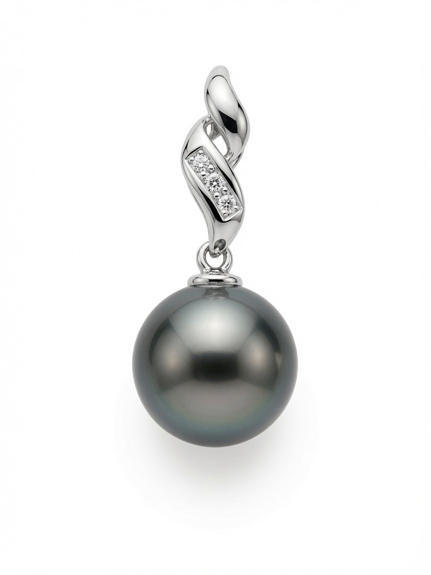 10mm AAA Tahitian Pearl & Diamond Pendant in 14K White Gold | Handmade