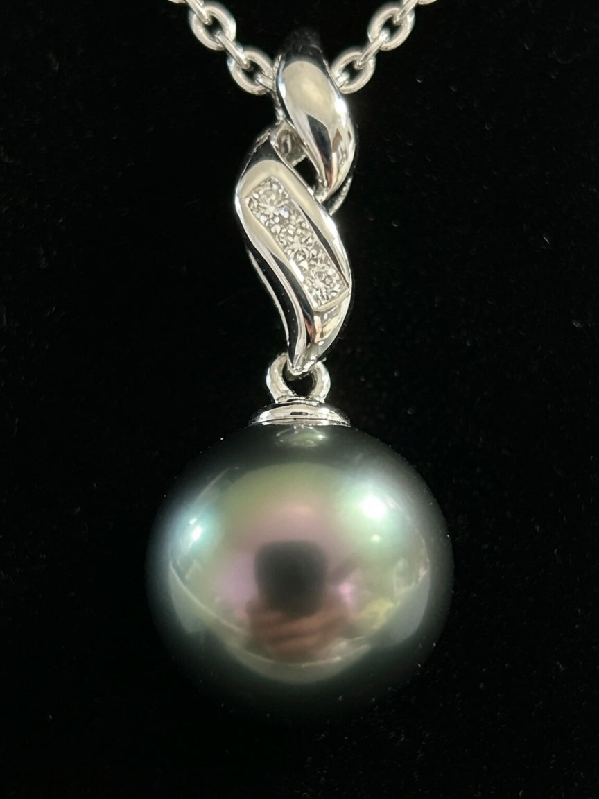 10mm AAA Tahitian Pearl & Diamond Pendant in 14K White Gold | Handmade