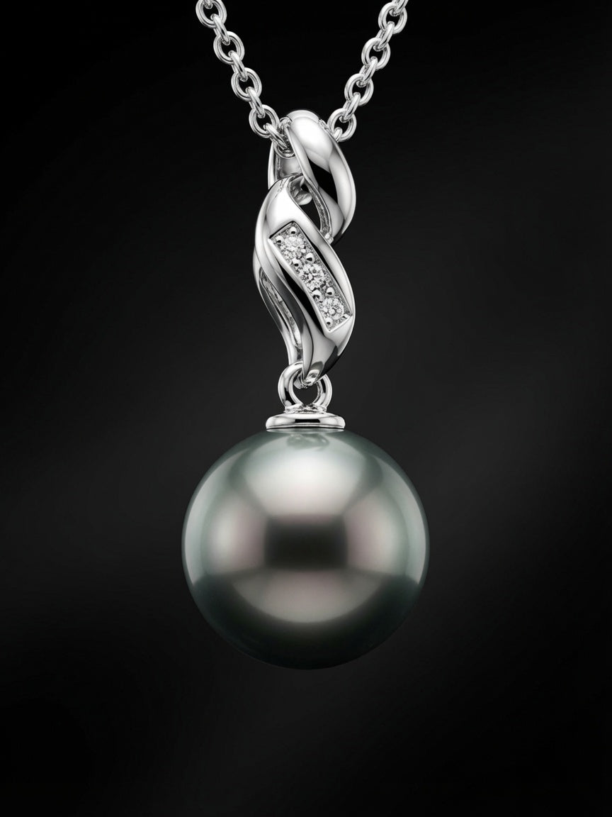 10mm AAA Tahitian Pearl & Diamond Pendant in 14K White Gold | Handmade