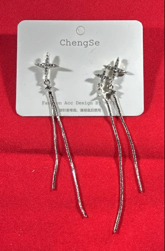 Silver Rhinestone cross dangle earring with stones
