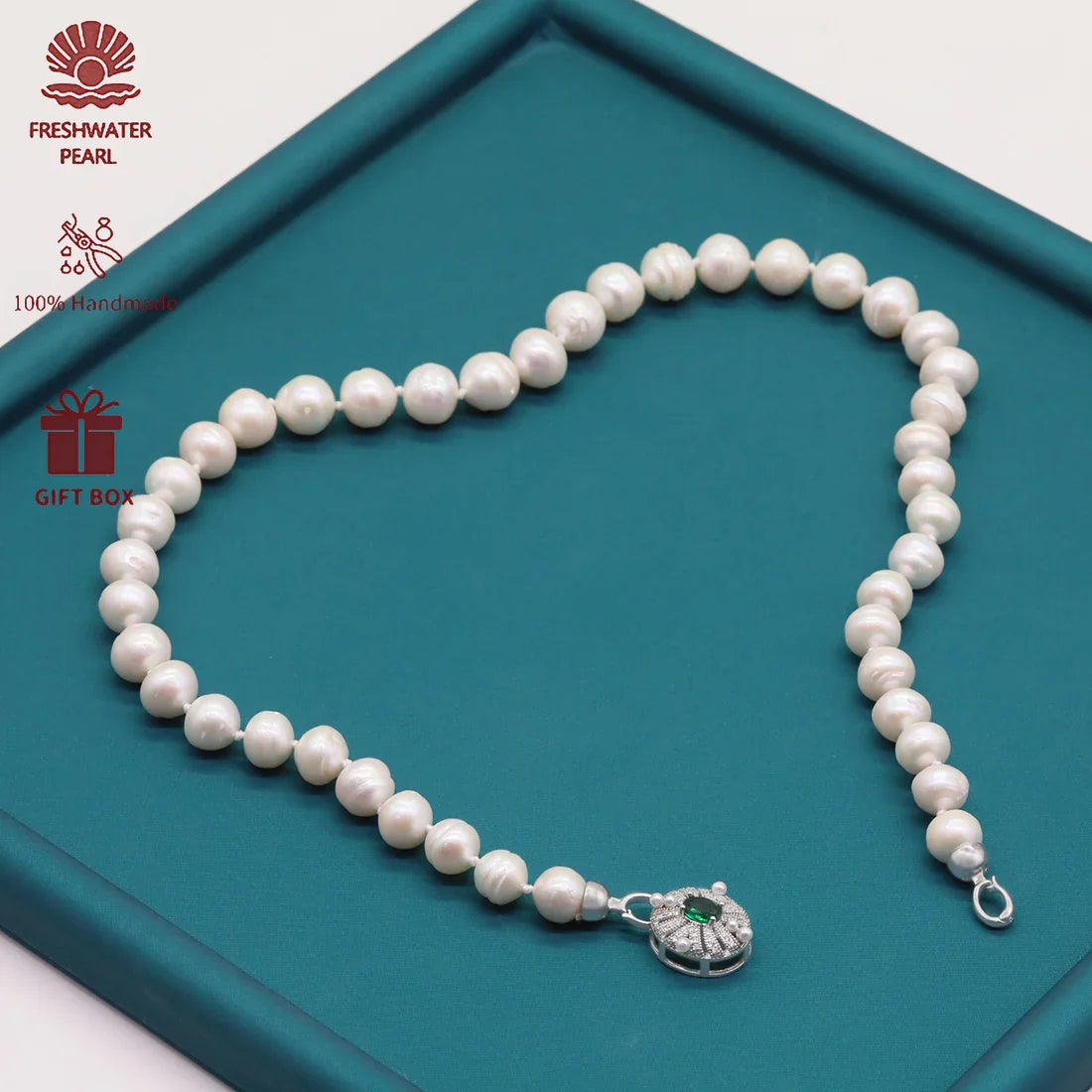 XL-2412WHITE-01  LARGE FRESHWATER 11MM PEARL NECKLACE WITH GREEN STONE CLASP