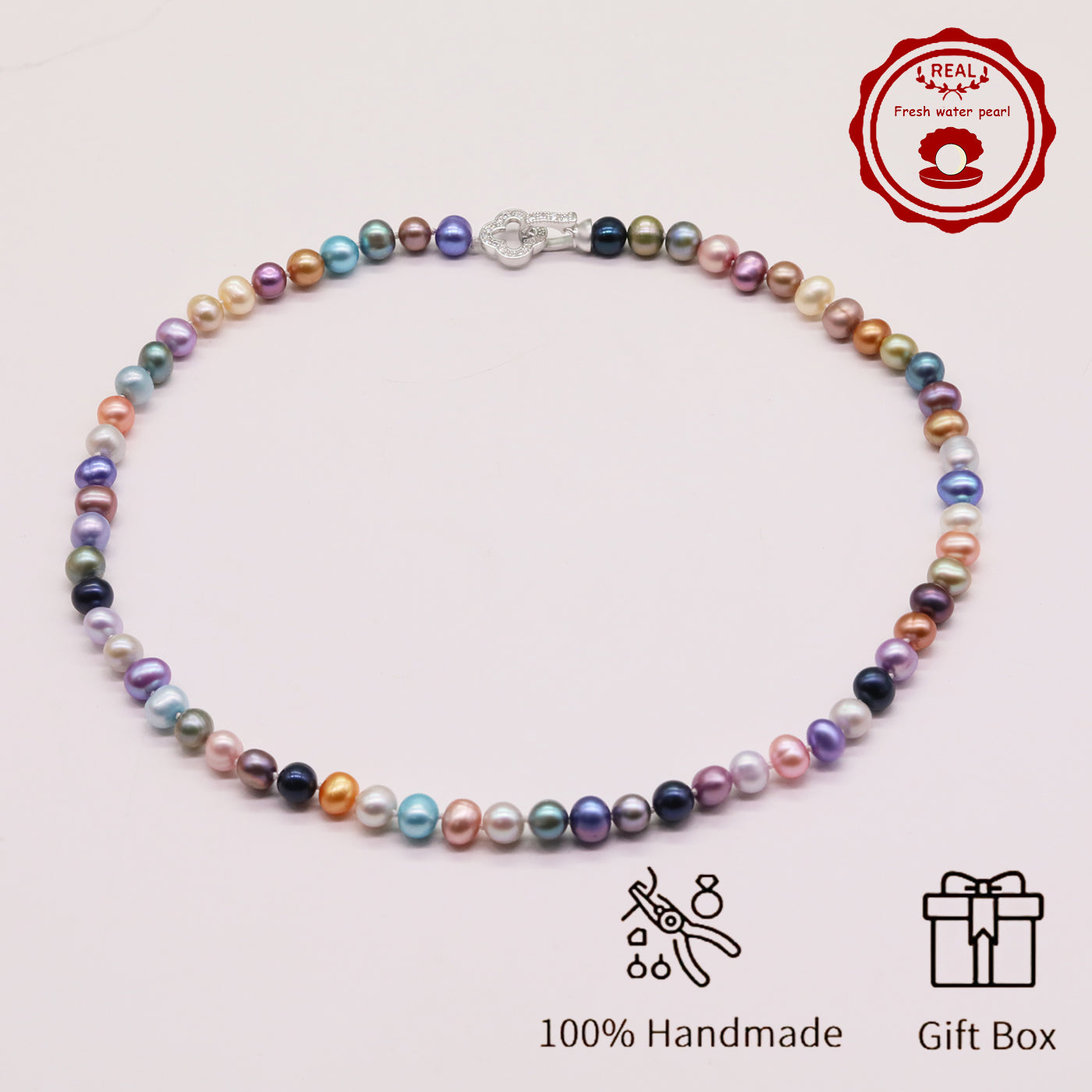 Natural Multicolor Freshwater Pearl Necklace Handmade 18.1Inch Length 7-8Mm Natural Freshwater Pearl Necklace with Flower Clasp Genuine  Freshwater Pearl Necklace Comes with Gift Box - Perfect for Daily, Party, Wedding,  Valentine'S Day and Christmas