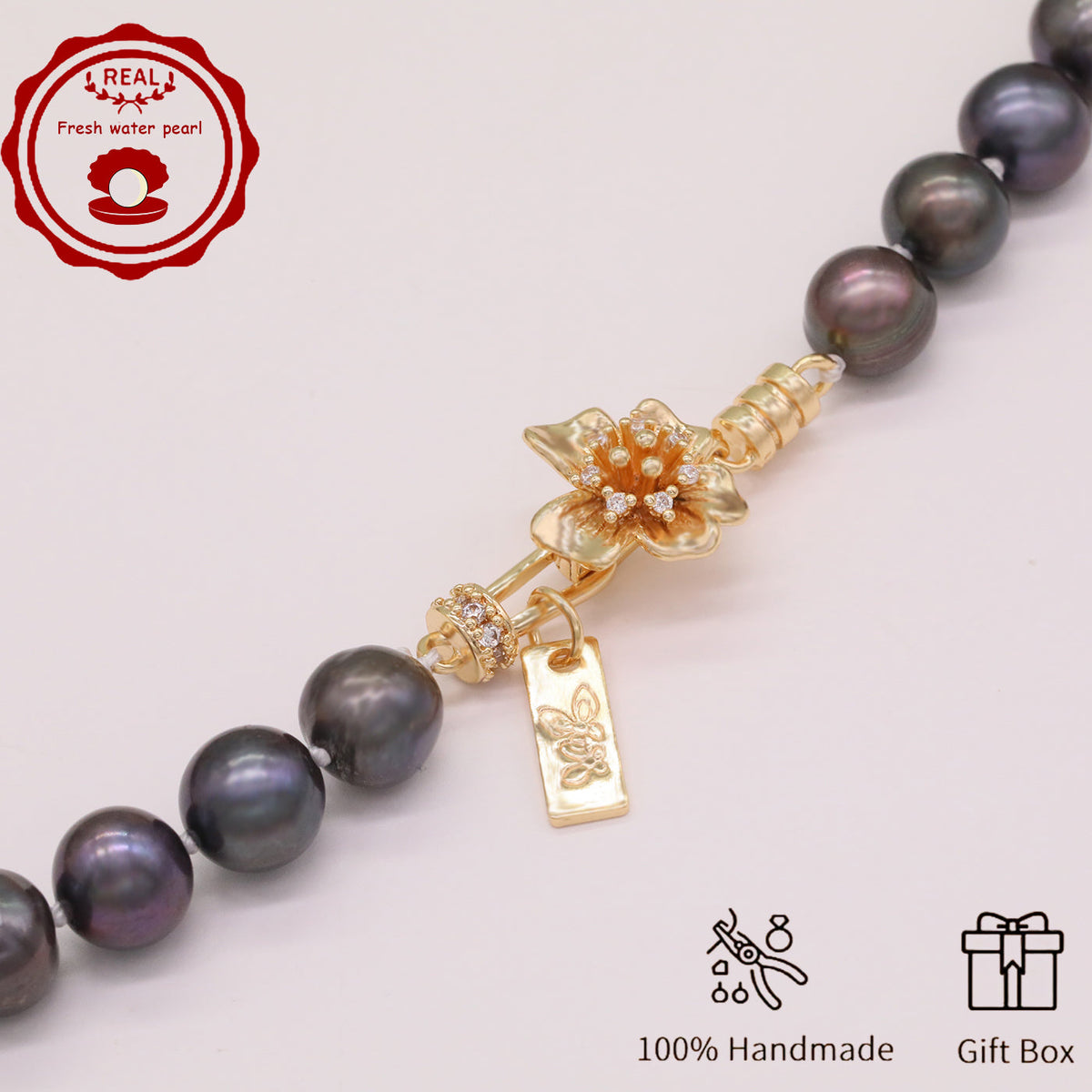 Handmade 8-9mm purple freshwater Pearl necklace flower claps【XL-2411Purple-008】