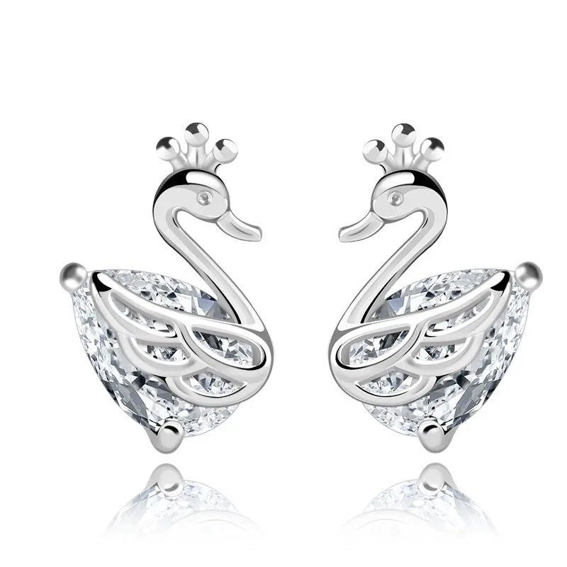 Elegant 925 Sterling Silver Crown Swan Earrings