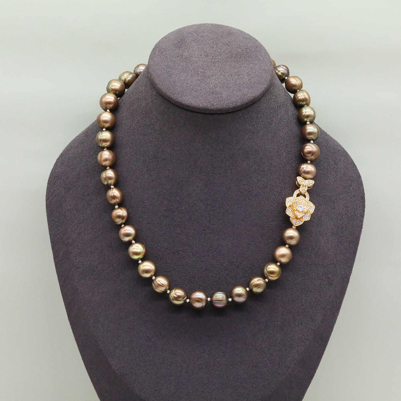 Elegant 10-11mm brown Freshwater Pearl Necklace Handmade 17.7inch long Freshwater Pearl necklace with flower buckle Elegant Christmas, Valentine's Day gift, suitable for everyday, party wear for men and women [XL-2412golden-02]