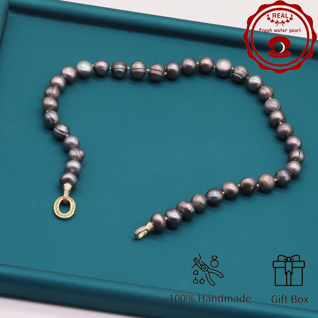 XL=2411-SILVER-001 OVAL SILVER STONE CLASP 12MM PEARL NECKLACE