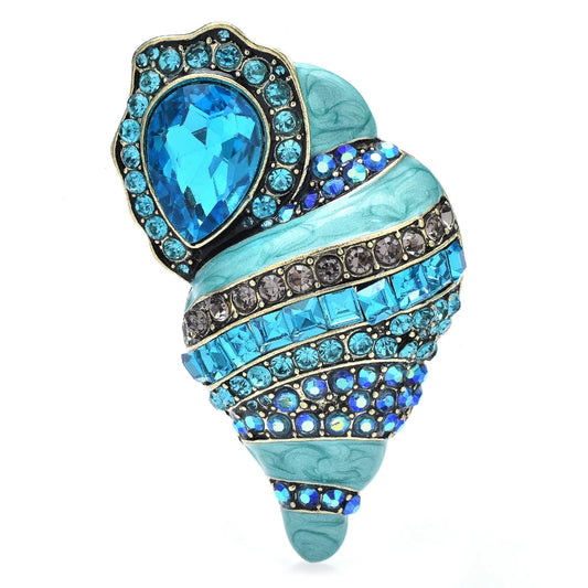 Shinning Blue Conch Brooches For Women Unisex Full Rhinestone Enamel Pretty Sea Shell