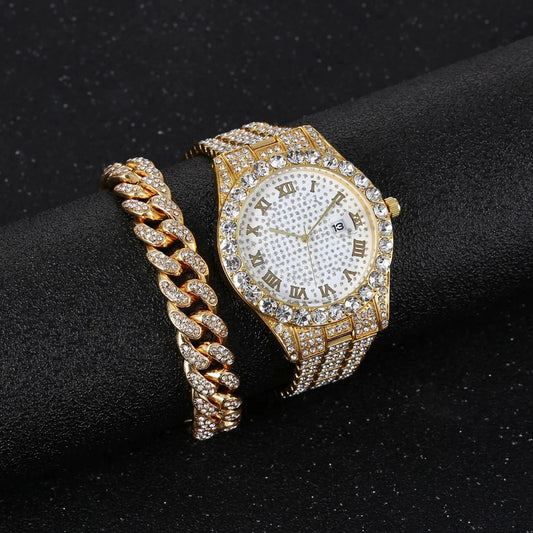 Hip Hop Luxury Stainless Steel Strap Rhinestone Decor Date Quartz Bracelet Watches Set