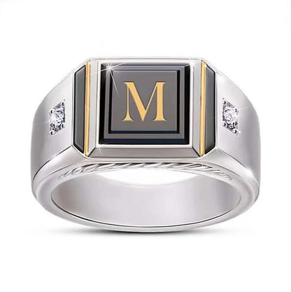 Fashion Lettering "M" Black Square Signet Ring w AAA CZ stones hip hop styles (6) - Providence silver gold jewelry usa