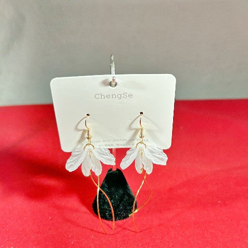Delicate white flower with gold chain dangle earring