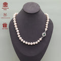 XL-2412WHITE-01  LARGE FRESHWATER 11MM PEARL NECKLACE WITH GREEN STONE CLASP
