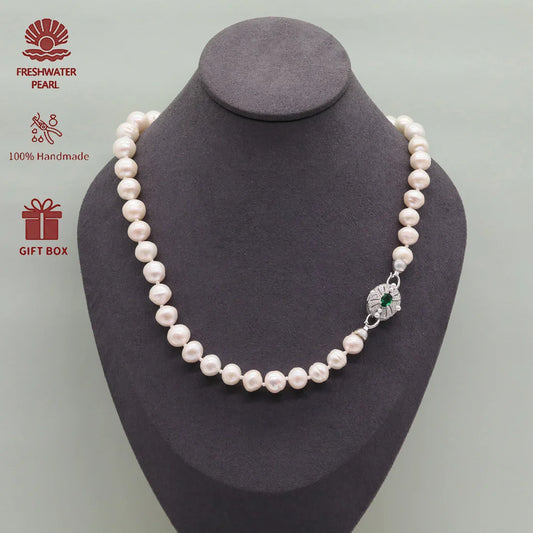 XL-2412WHITE-01  LARGE FRESHWATER 11MM PEARL NECKLACE WITH GREEN STONE CLASP