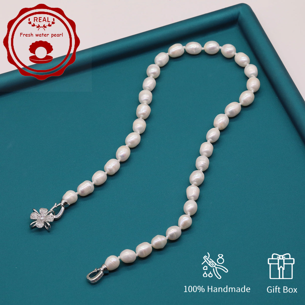 100% Handmade Natural White Freshwater Pearl Necklace Luxury 17.3Inch Long 9Mm White Natural Freshwater Pearl Necklace Comes with a Stylish Flower Clasp Gift Box, Give It to Him/Her, Suitable for Daily and  Valentine'S Day[NK-XL2501-White-02]