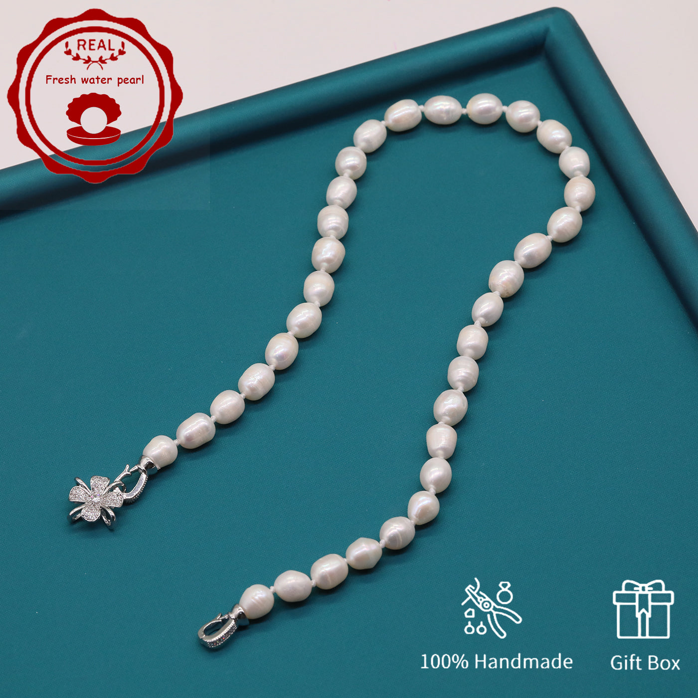 HDBS1130-Handmade White Freshwater Pearl Necklace 17 Inch 9mm gift boxed