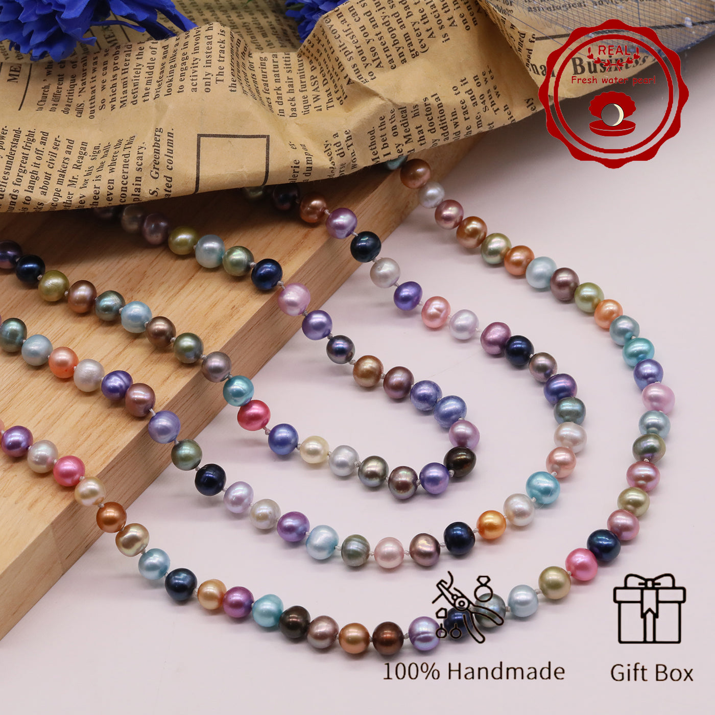 Natural Multicolor Freshwater Pearl Necklace Handmade 18.1Inch Length 7-8Mm Natural Freshwater Pearl Necklace with Flower Clasp Genuine  Freshwater Pearl Necklace Comes with Gift Box - Perfect for Daily, Party, Wedding,  Valentine'S Day and Christmas