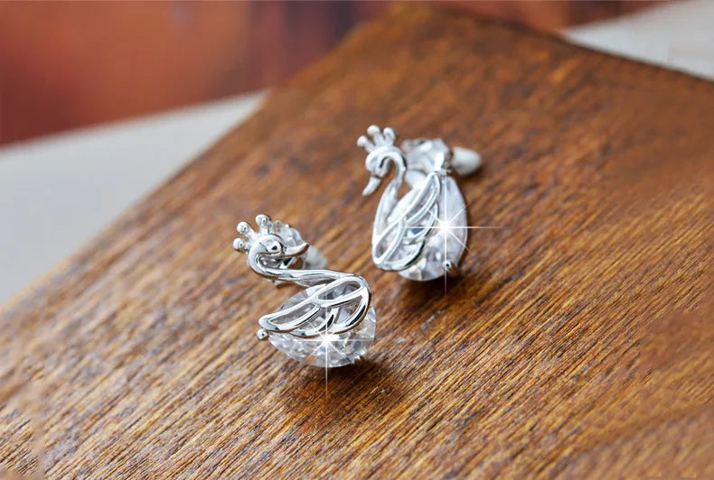 Elegant 925 Sterling Silver Crown Swan Earrings