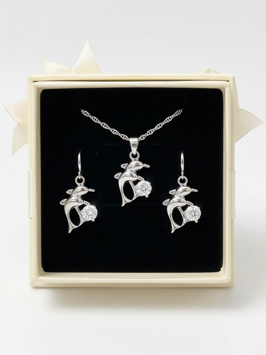 2 pcs. set 925 sterling silverDolphin necklace and earring in gift box
